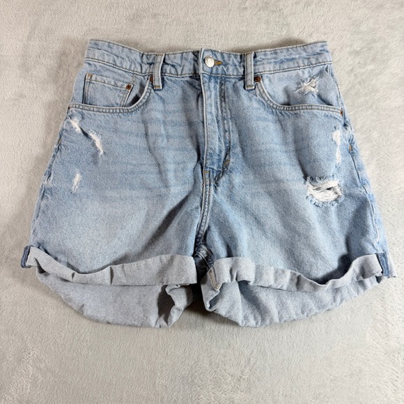 H&M Pants - H&M HM Ultra High Waist Mom Shorts Light Blue Distressed Denim Cuffed Size 8